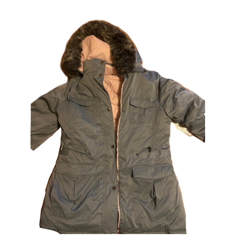 Gray Hooded Parka with Faux Fur Trim